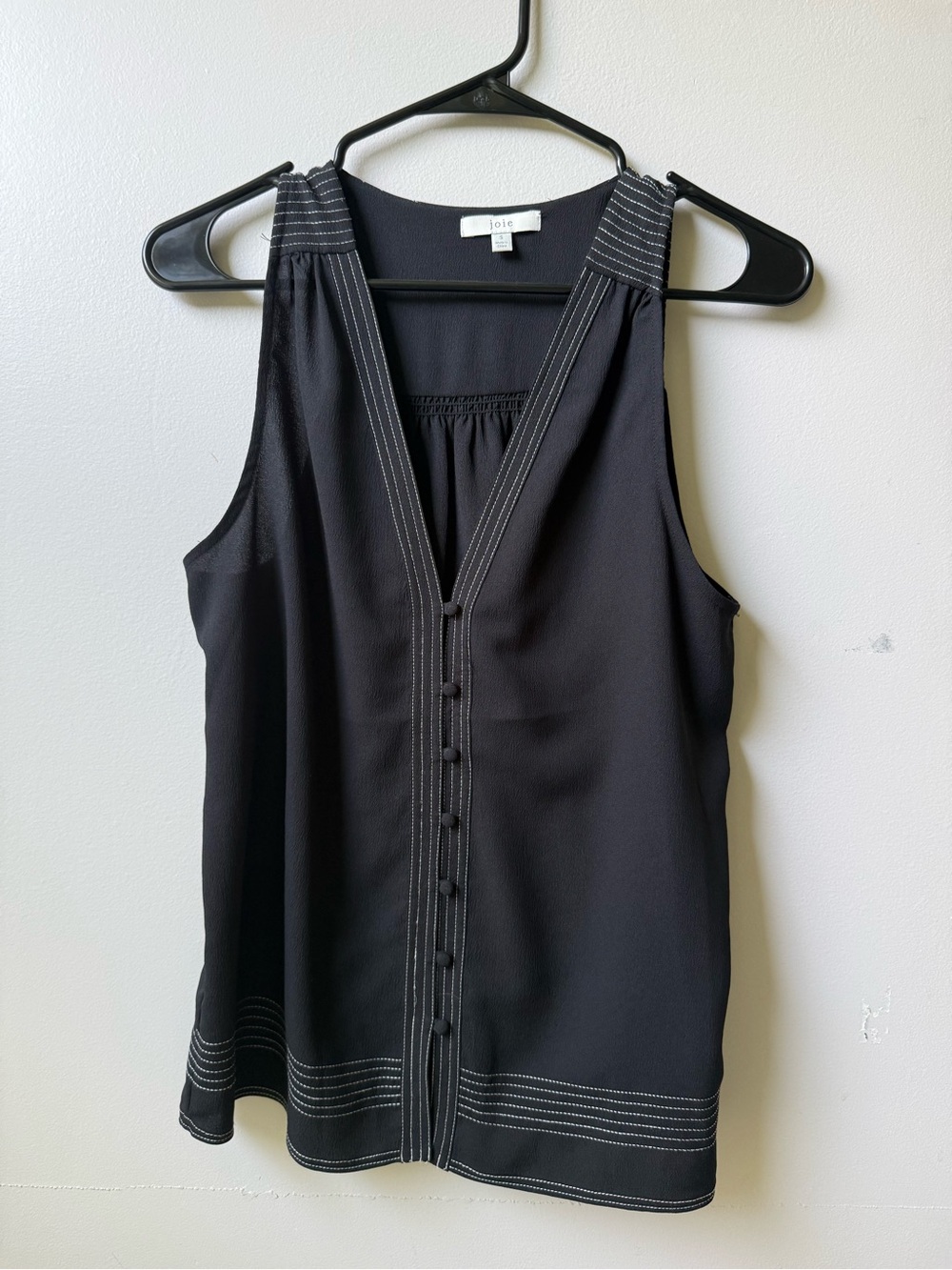 Joie Black Sleeveless V-Neck Button-Front Tank with White Topstitch